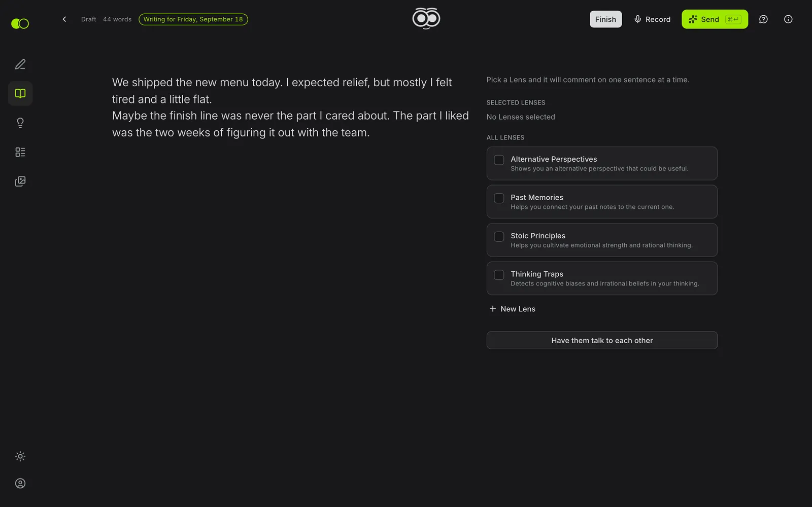 Koogita editor with a note and the AI Lenses panel