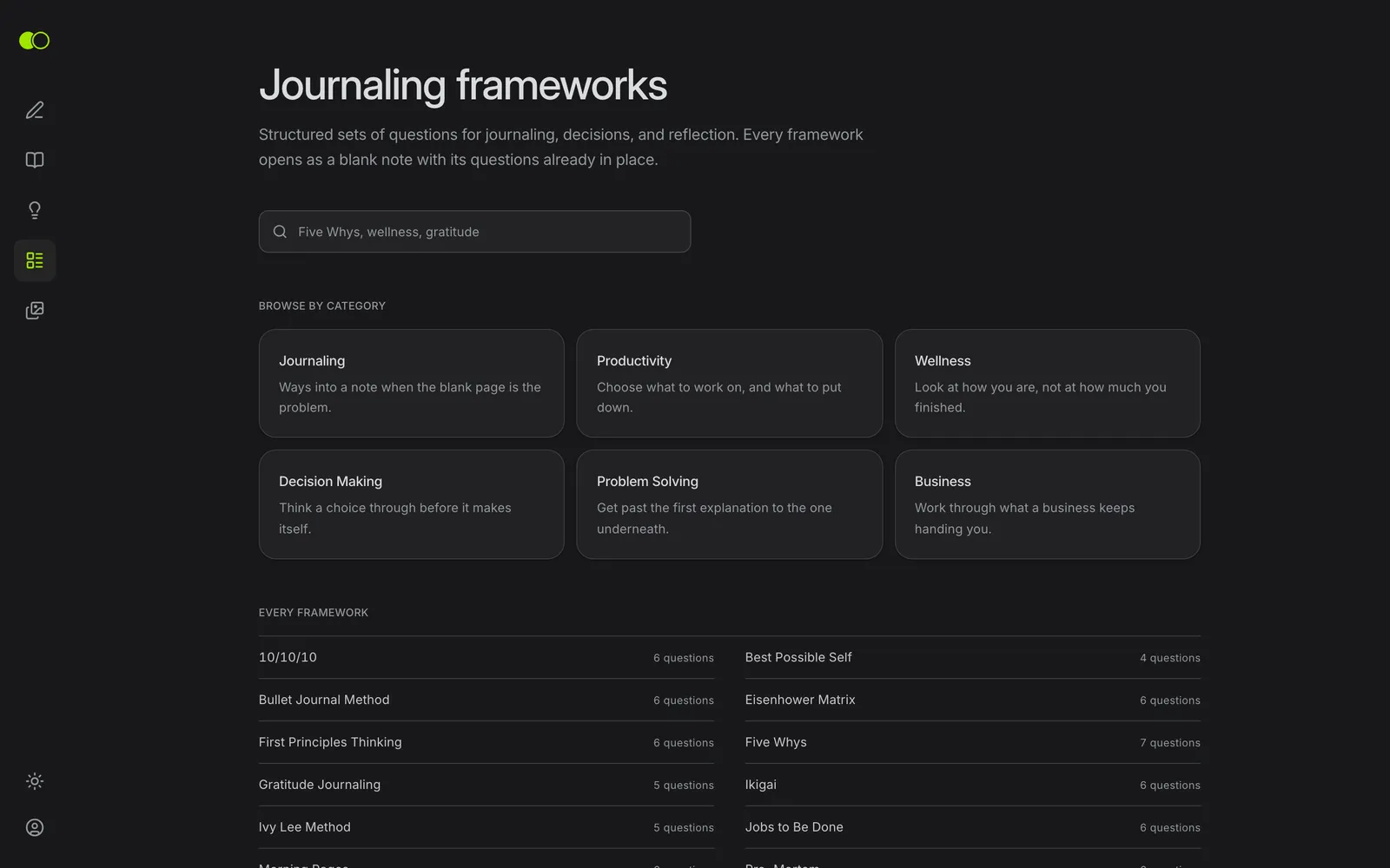 Koogita library of journaling frameworks by category