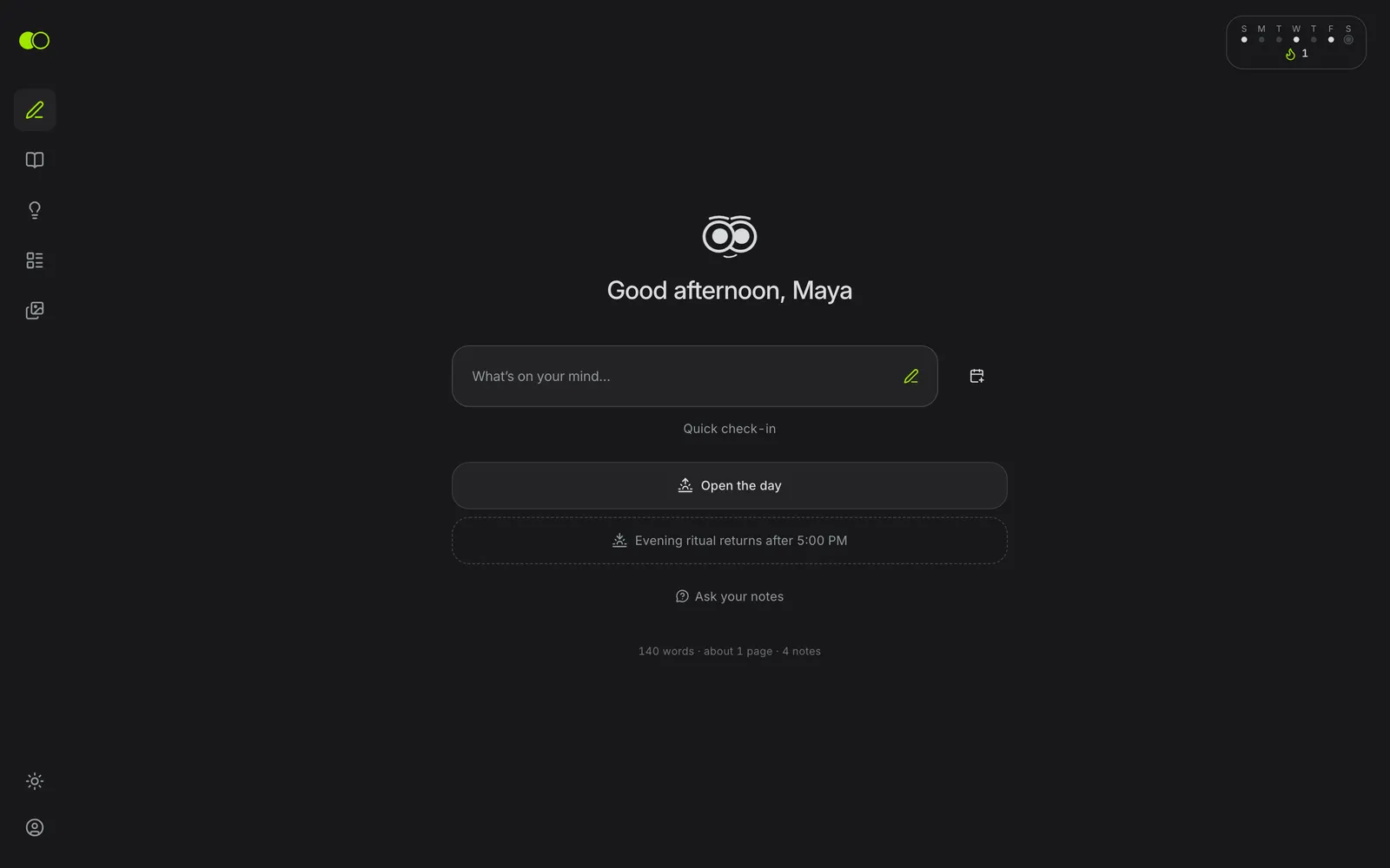 Koogita home screen with a quick check-in and daily rituals